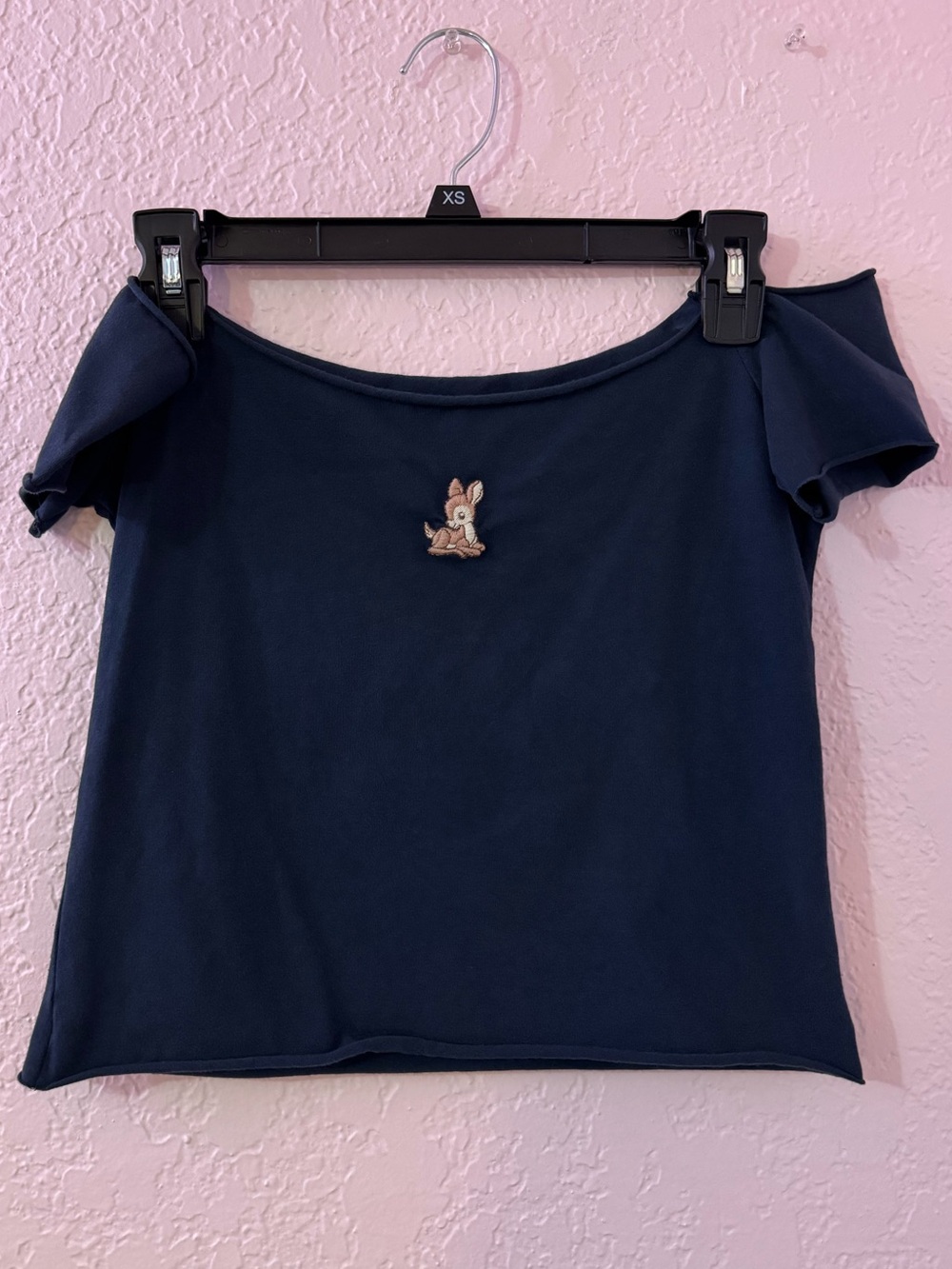 Brandy Melville Navy Off-Shoulder Crop Top with Deer Patch